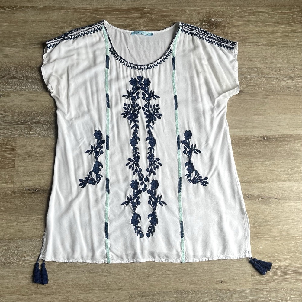 Solitaire Swim Embroidered Tunic Top Blouse Coverup Large White Blue Chiffon